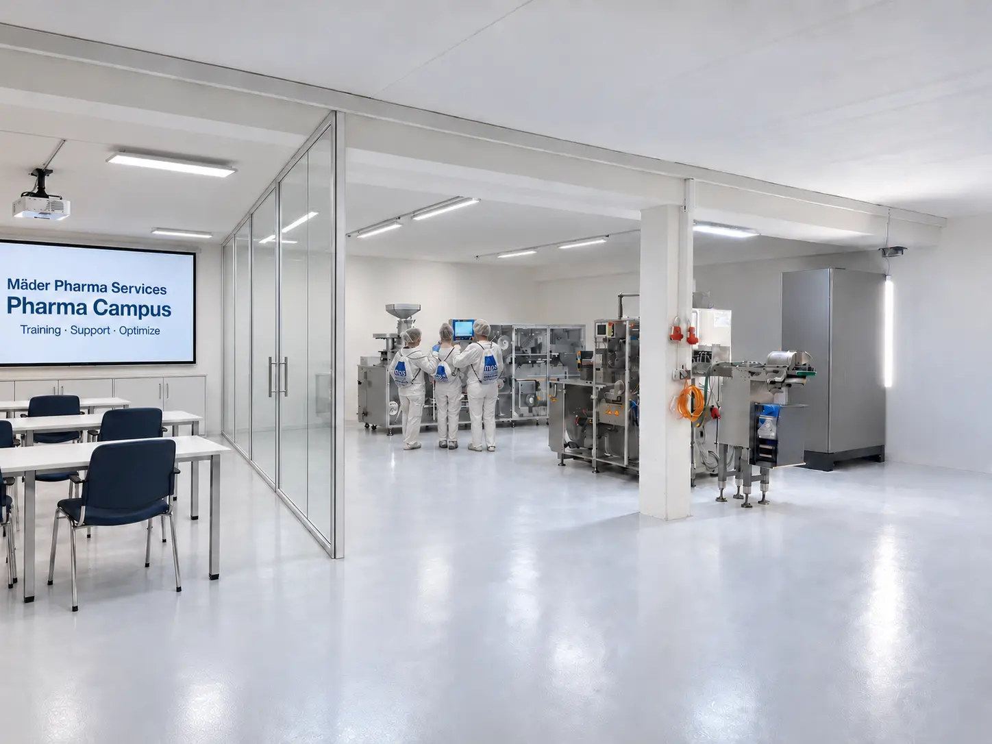 Pharma Campus in Obermarchtal mit Schulungsbereich und Teilnehmern an einer Verpackungsmaschine